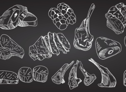 Outlines, as if drawn on a chalkboard, of various cuts of meat.