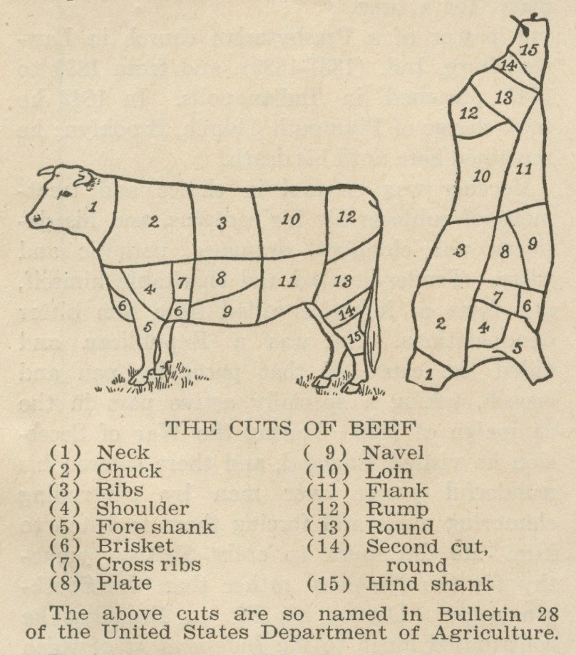 a chart from an old book depicting the cuts of beef
